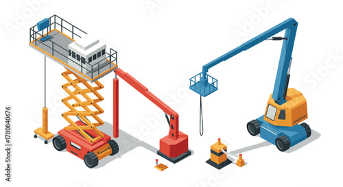 Construction equipment isometric design featuring cranes and lift platforms