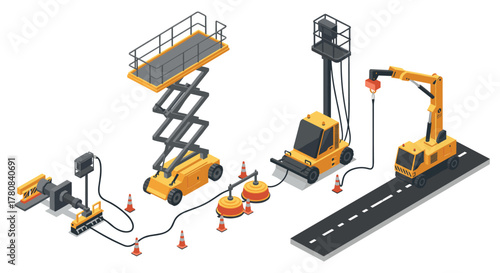 Isometric construction equipment set with scissor lift and road crane illustrations
