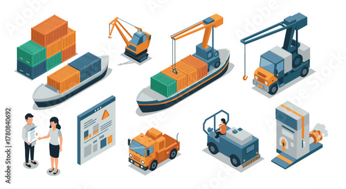 Isometric shipping industry elements with cargo ships, cranes, trucks, and workers