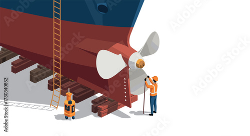 Ship maintenance scene with worker and propeller in dry dock