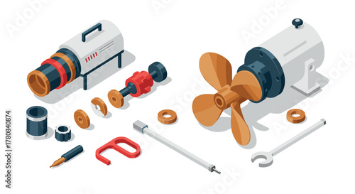 Isometric diagram of engine components with propeller and tools