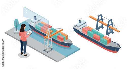 Isometric shipping logistics with person monitoring cargo ship and containers