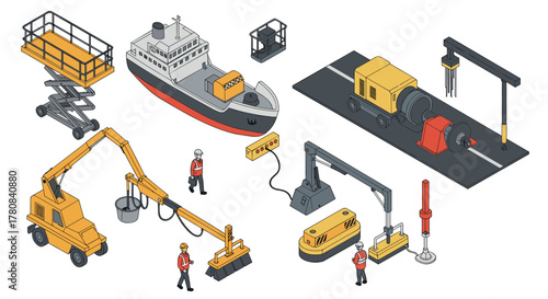 Isometric industrial equipment and machinery with construction workers
