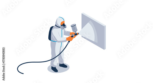 Isometric painter in protective gear spraying wall with paint gun in clean environment