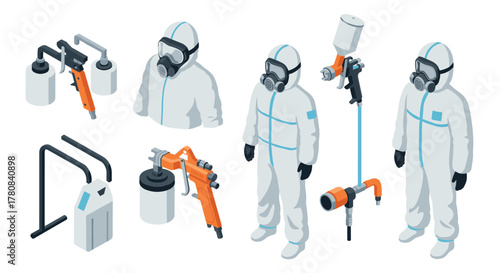 Isometric hazmat suit and spray gun equipment in industrial safety scene