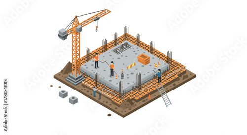 Urban construction scene with workers and crane in isometric design