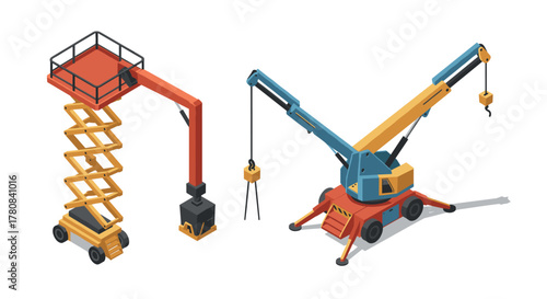 Modern isometric construction equipment featuring lift and crane on white background