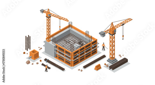 Isometric construction site with cranes and workers in action