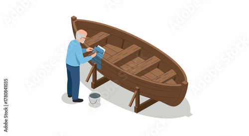 Elderly man painting wooden boat in isometric style
