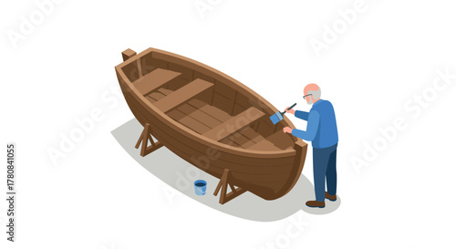 Elderly man painting wooden boat in workshop craftsmanship and leisure activity