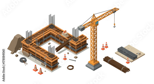 Isometric construction site with crane and building materials in progress