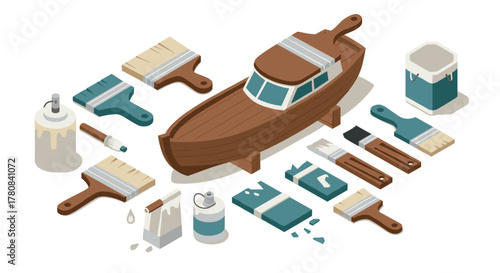 Isometric boat building and painting tools set in neutral tones