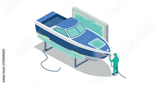 Isometric boat painting scene with worker and spray equipment