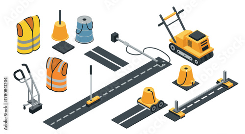 Isometric road construction equipment and safety vest set
