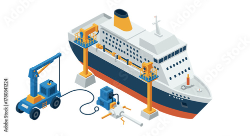 Isometric shipyard scene with cruise ship and equipment