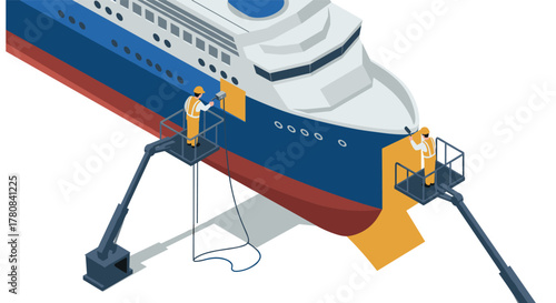 Workers repainting ship hull on lifts in isometric style