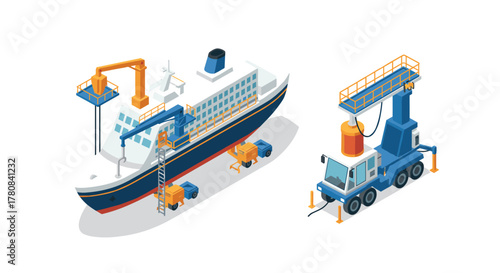 Isometric cargo ship and port crane with trucks for maritime transport