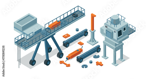 Isometric construction machinery with gantry crane and equipment on white background