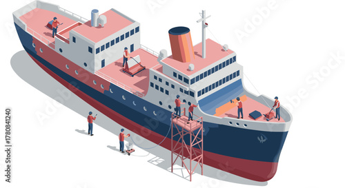 Isometric cruise ship with workers in flat design on white background