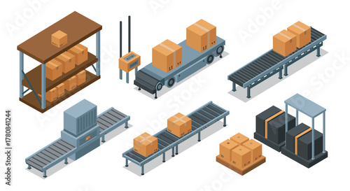 Isometric warehouse automation with conveyor belts and packaging systems