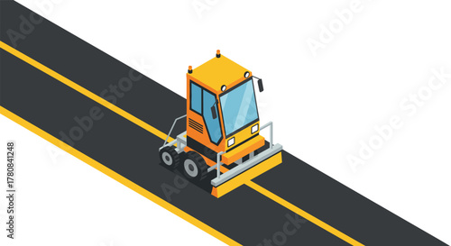 Isometric road construction vehicle on asphalt highway