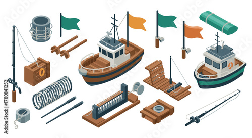 Isometric fishing equipment and boats collection with accessories