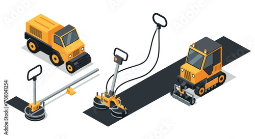 Isometric construction equipment rollers and asphalt compactors on site