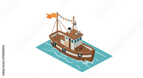 Isometric fishing boat with colorful flags on ocean water