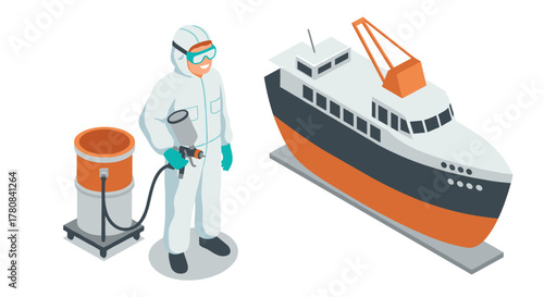 Worker in safety gear painting large boat with professional equipment in isometric style
