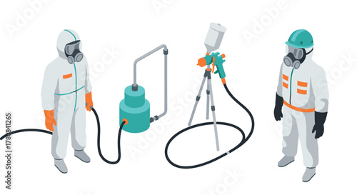 Isometric industrial disinfection workers operating spraying equipment in protective gear