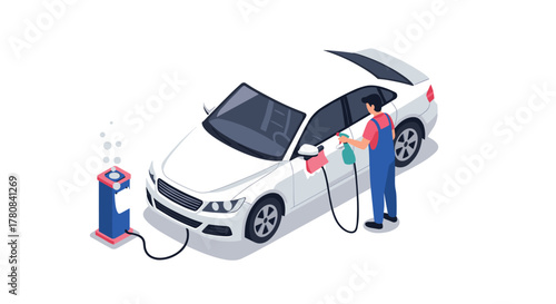 Isometric car washing service with equipment and worker on white background