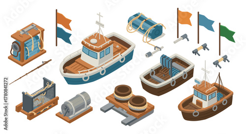 Isometric fishing boat elements collection with nautical accessories and gear