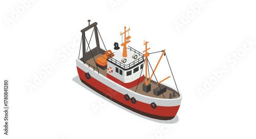 Charming isometric fishing boat with orange and red accents