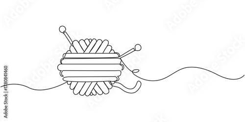 Ball of yarn in continuous one line art drawing style. Single line drawing of yarn ball and thread, Ball of yarn continuous art line sign Round skein