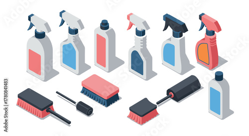 Isometric cleaning supplies collection with sprays and brushes on white background