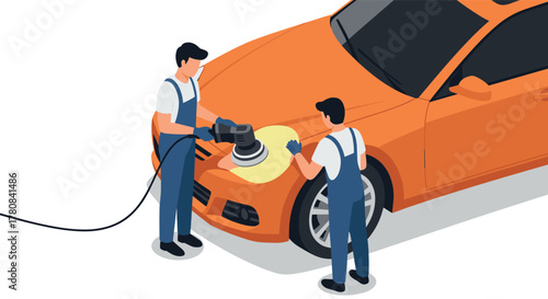 Isometric car polishing scene with mechanics in overalls buffing an orange vehicle
