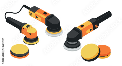 Isometric power tools dual action polishers in orange and black