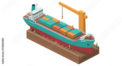 Isometric cargo ship construction scene with workers and crane