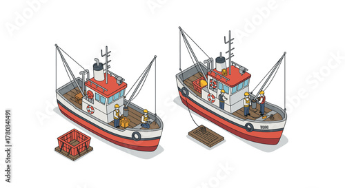 Isometric fishing vessel scene with crew and cargo in a maritime setting
