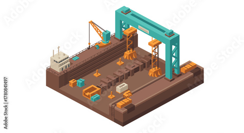 Isometric shipyard with cranes and dry dock