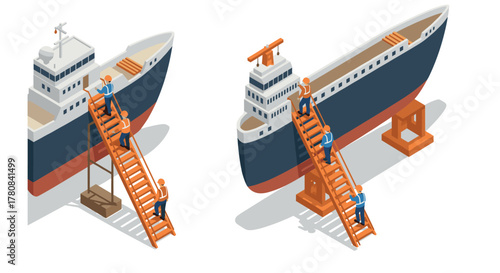 Isometric shipbuilding scene with workers and ship ladder