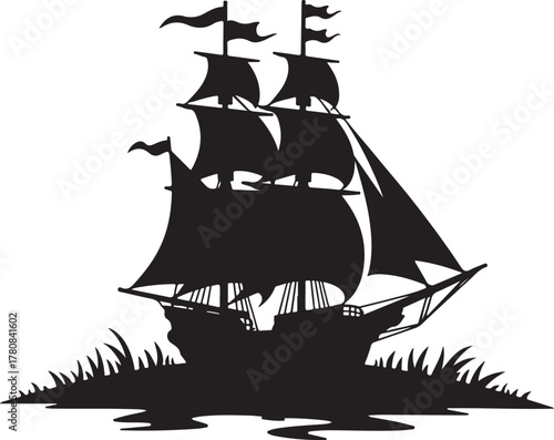 Black silhouette of a sailing ship with sails and flags
