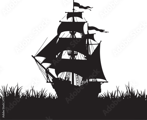 Black silhouette of a sailing ship with sails and flags