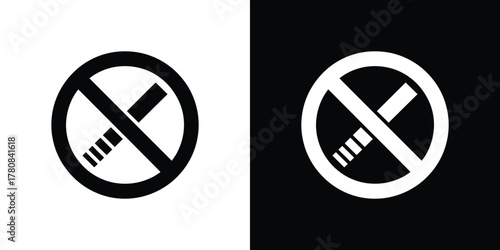 Forbidden Smoking Sign on Black and White Background, Circle and Cigarette Icon