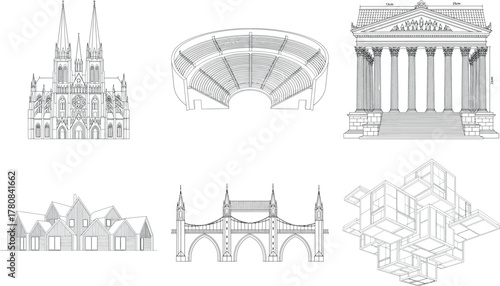 Set of architectural renderings depicting various buildings and structures