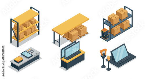 Isometric warehouse equipment set featuring industrial racks, packaging machines, and storage solutions
