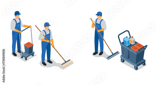 Isometric janitors with cleaning tools and equipment in uniforms