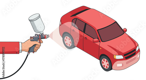 Cartoon style red car painting process with handheld spray gun on white background