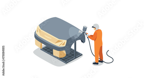 Automotive paint shop worker spray painting car bumper in isometric style