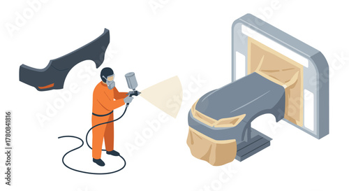Isometric car painting workshop with professional using spray gun for auto body repair